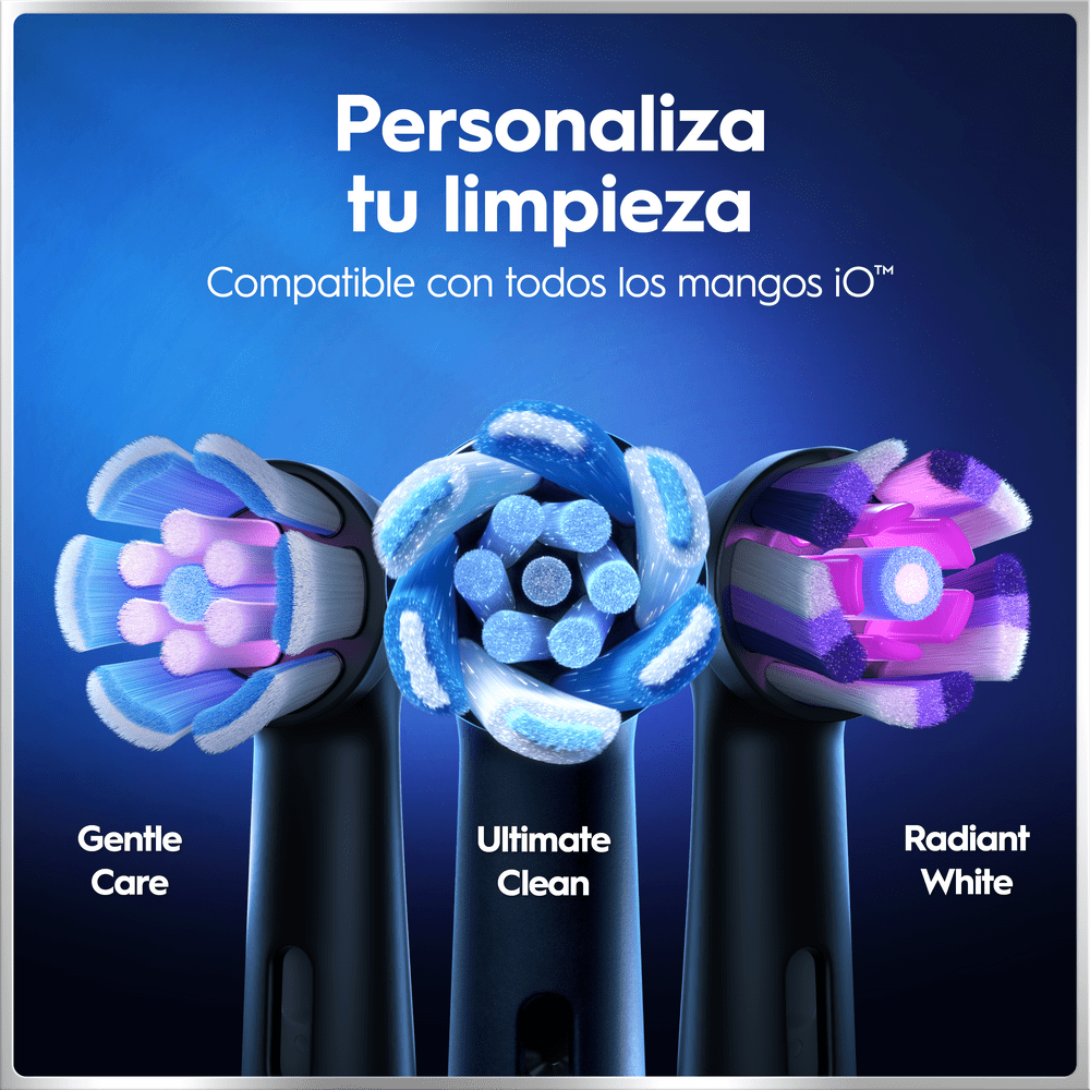 Personaliza tu limpieza. Compatible con todos los mangos iO. Gentle care. Ultimate clean. Radiant White