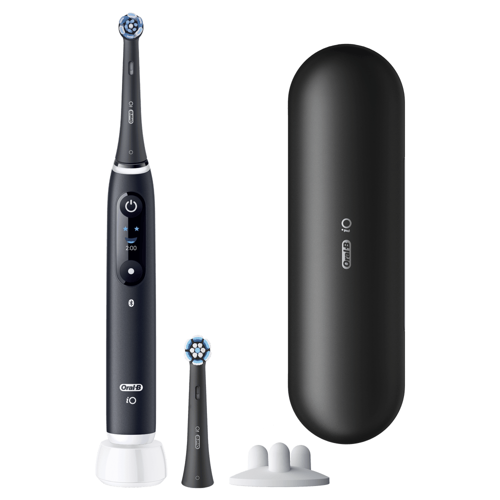 Cepillo de dientes eléctrico negro con pantalla digital, base de carga, cabezal y estuche.