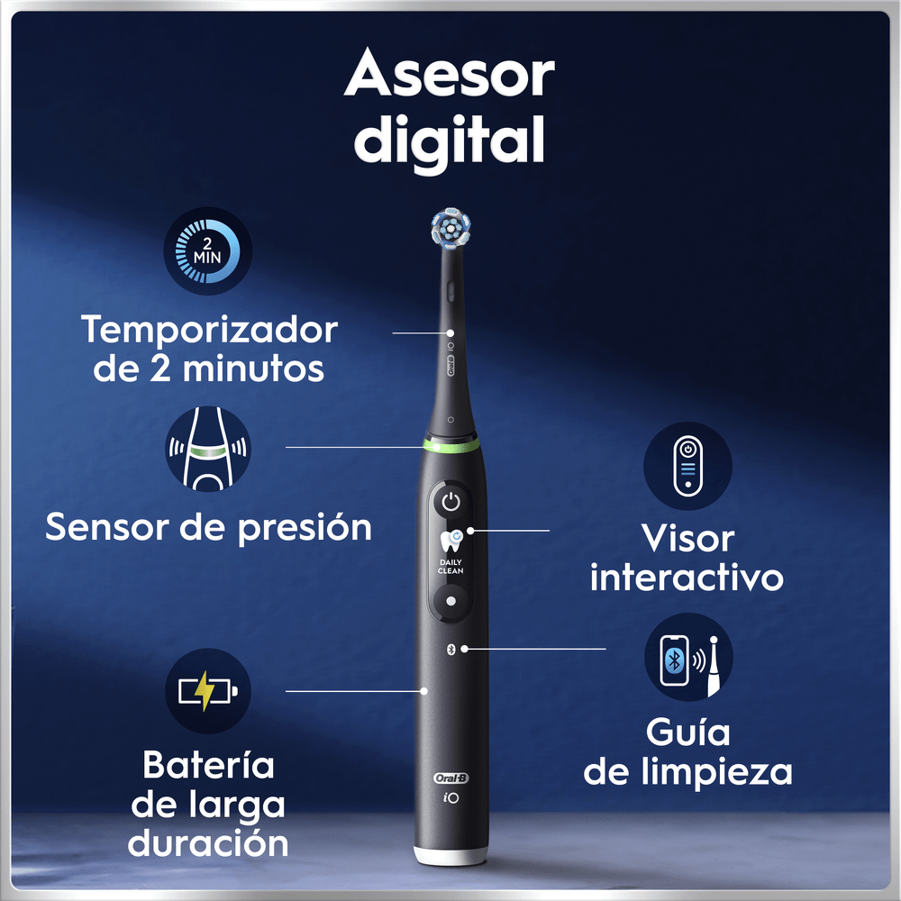 Asesor digital. Temporizador 2 minutos. Sensor de presión. Visor interactivo. Batería de larga duración. Guía de limpieza. 