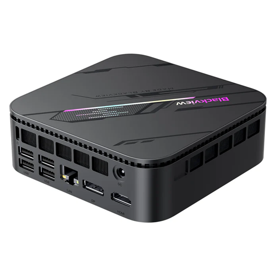 Fekete mini PC USB, LAN, DP, HDMI portokkal. Felső részén Blackview logó és fények.