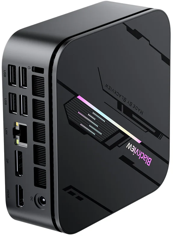 Fekete mini PC USB, LAN, DP és HDMI portokkal, világító logóval.