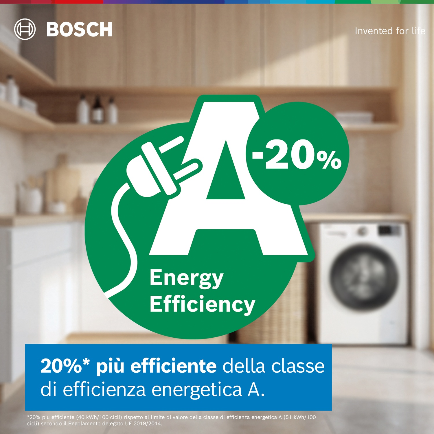 Logo Bosch, Classe A per efficienza energetica con -20% e lavatrice