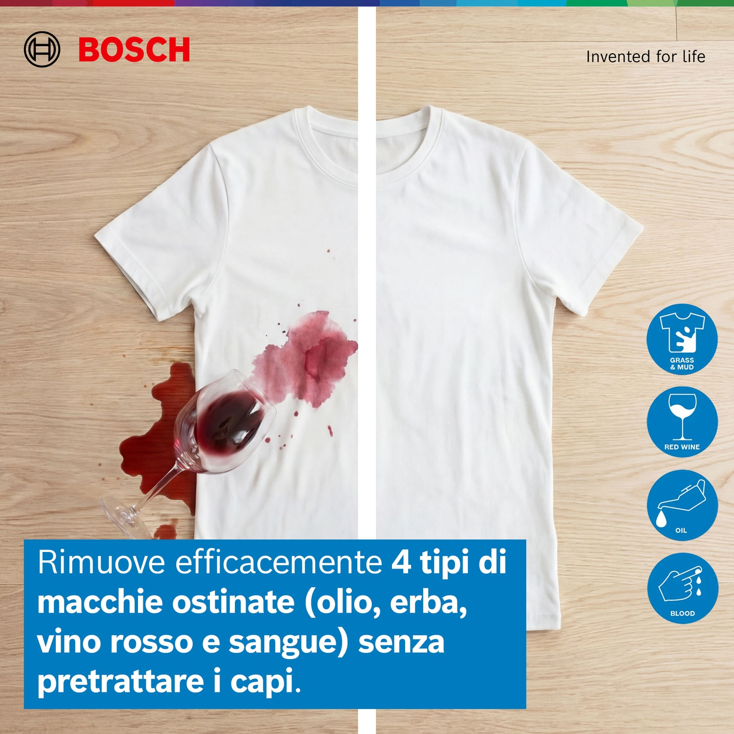 Una maglietta bianca macchiata di vino rosso, accanto a una maglietta pulita. Logo Bosch.