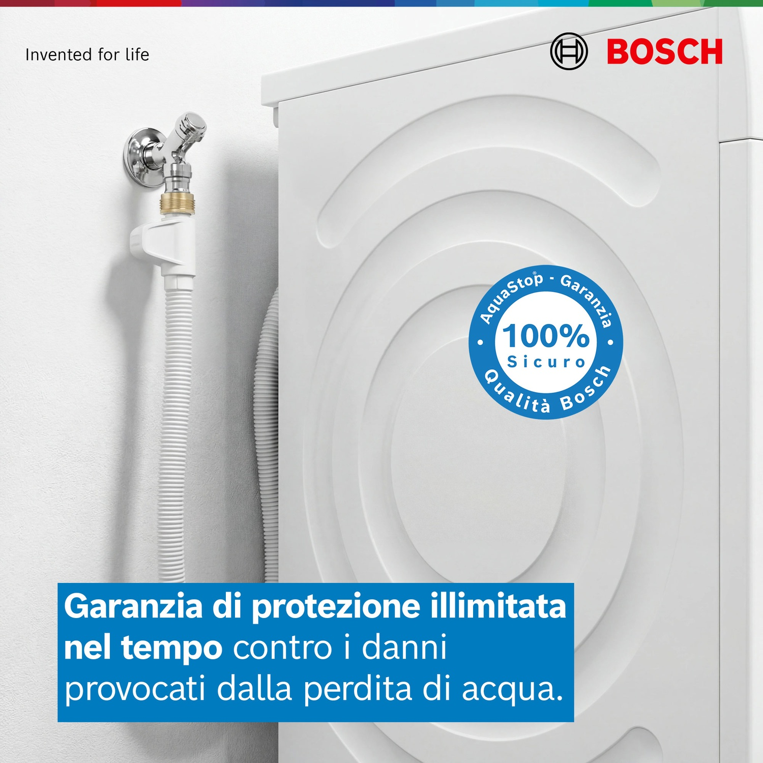 Lavatrice bianca Bosch con protezione AquaStop e attacco rubinetto.