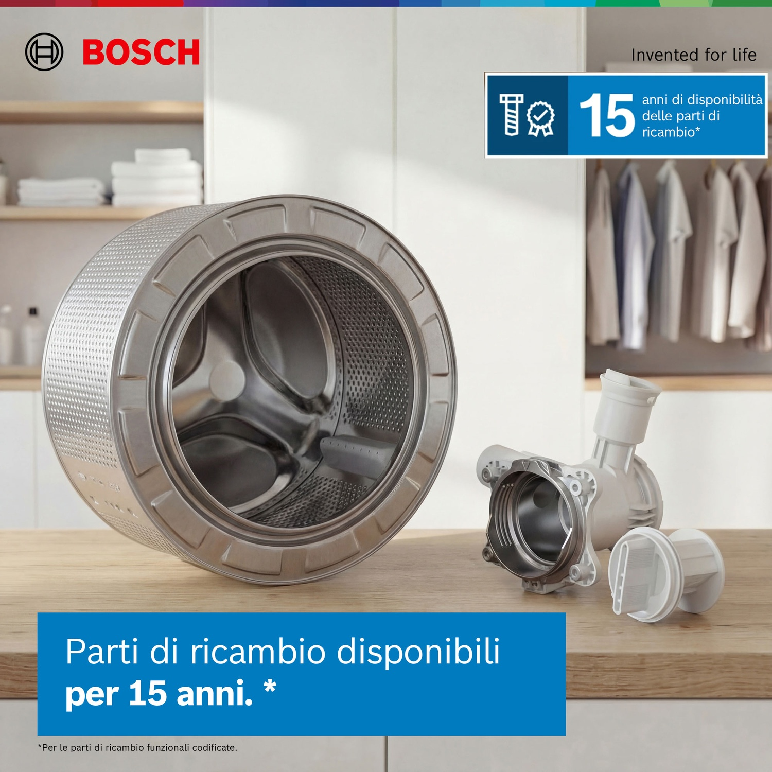 Cestello lavatrice Bosch e ricambi su tavolo di legno, vestiti sullo sfondo.