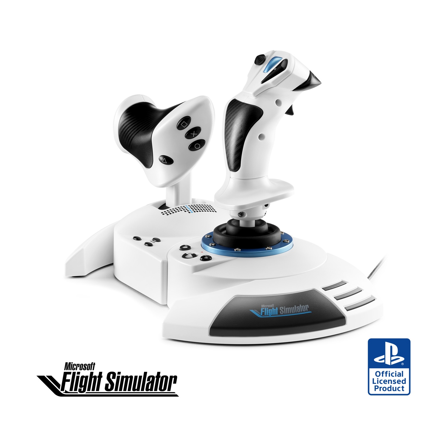 Un joystick bianco Flight Simulator con manetta e molti pulsanti.