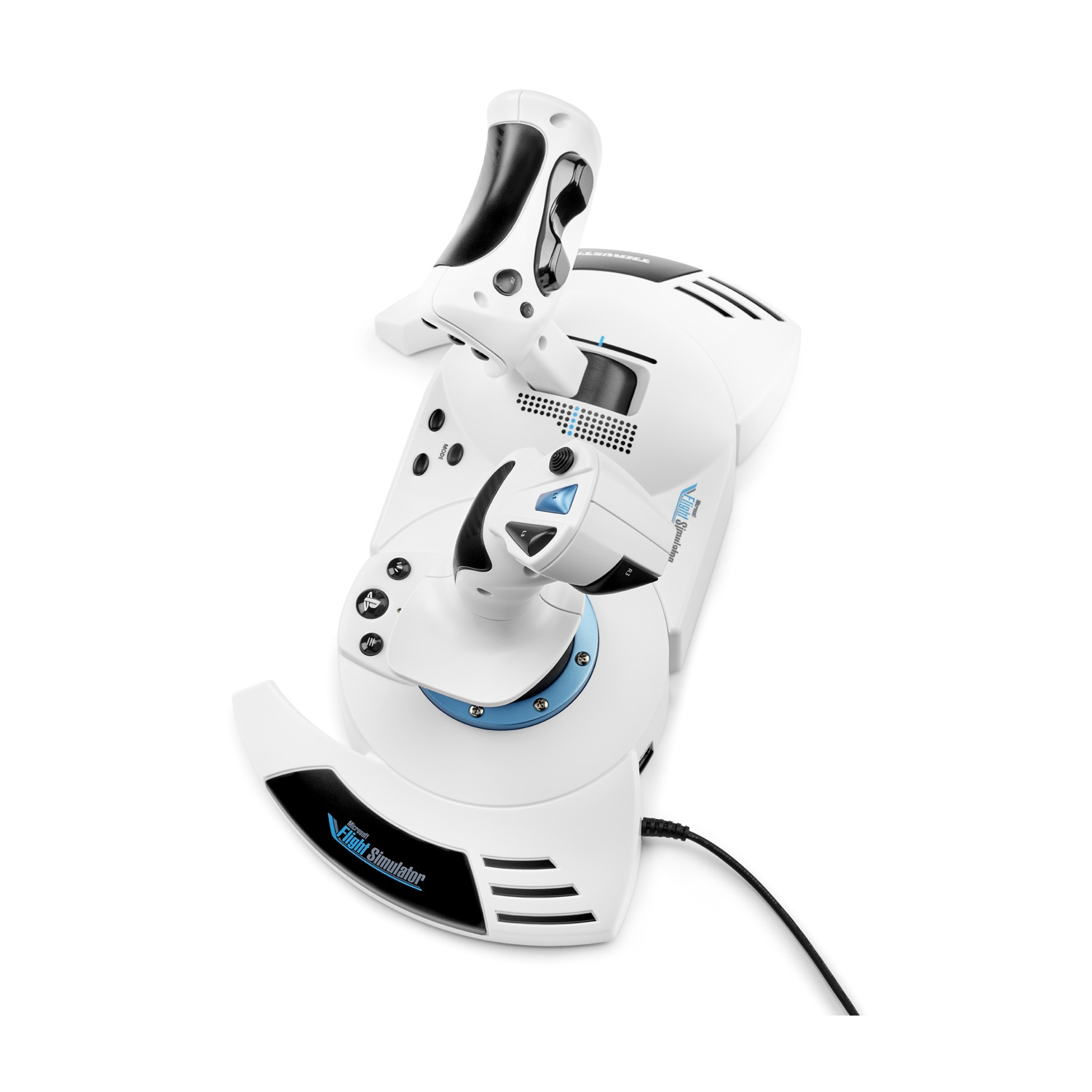 Un joystick bianco per simulatore di volo con impugnatura nera e accenti blu.