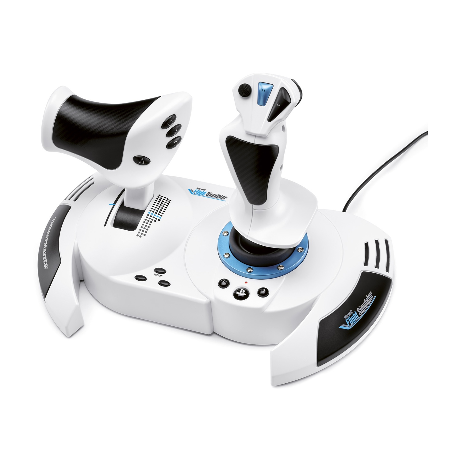 Un joystick bianco per simulatore di volo con accenti neri e anelli blu.
