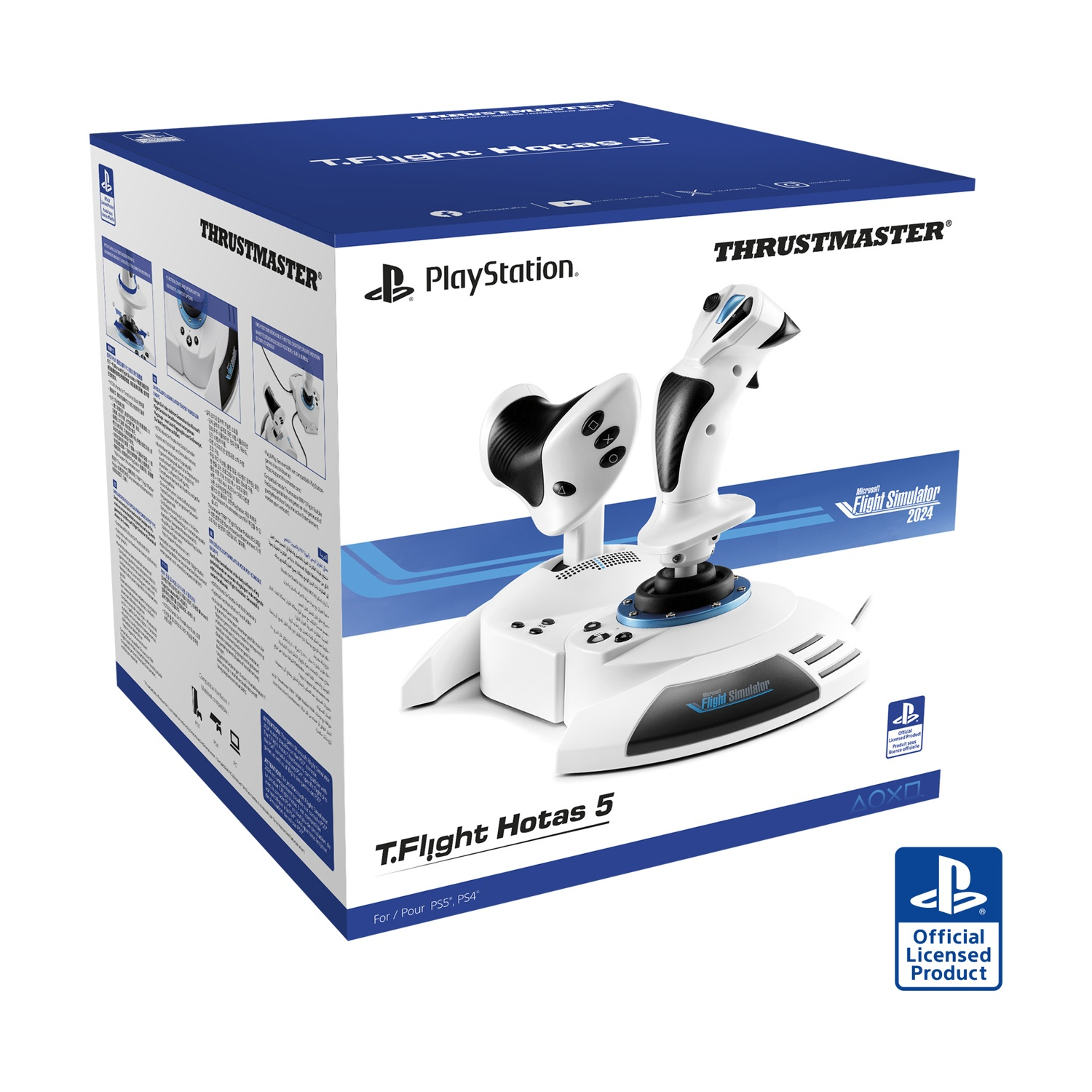 Scatola per un joystick bianco Thrustmaster T.Flight Hotas 5 con logo PlayStation.
