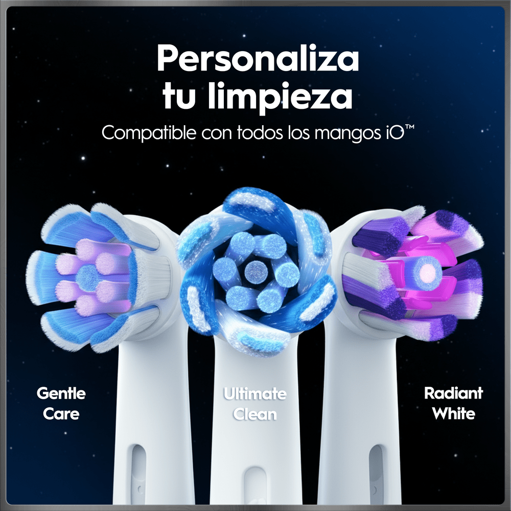 Personaliza tu limpieza. Compatible con todos los mangos iO. Gentle care. Ultimate clean. Radiant White