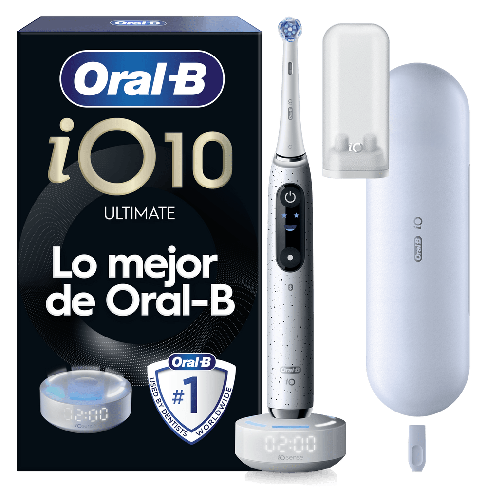 Cepillo Oral-B iO10 con estuche de carga y viaje, reloj digital y pegatinas.