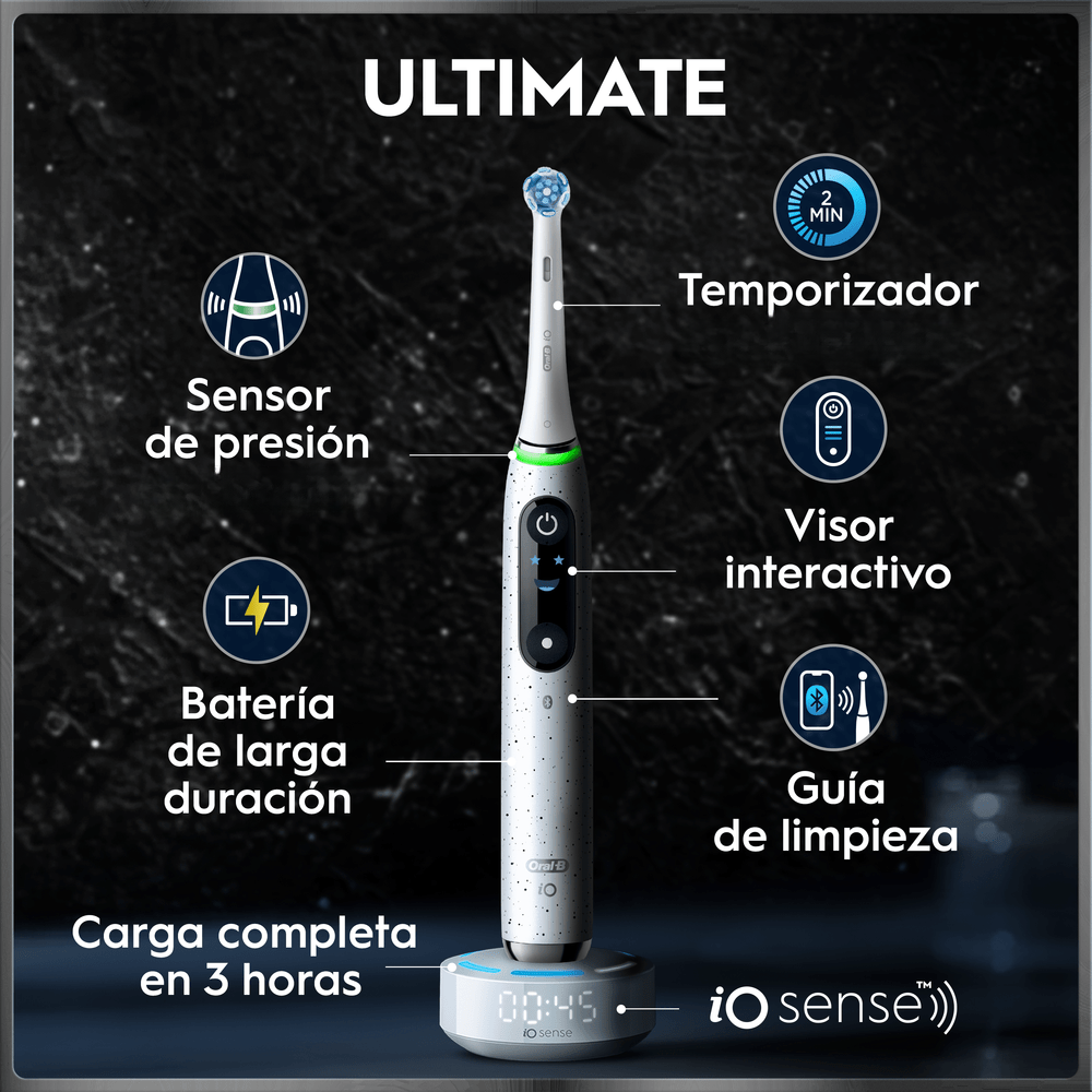 Ultimate. Sensor de presión. Temporizador. Visor interactivo. Batería de larga duración. Guía de limpieza. Carga completa en 3 horas. iO sense.