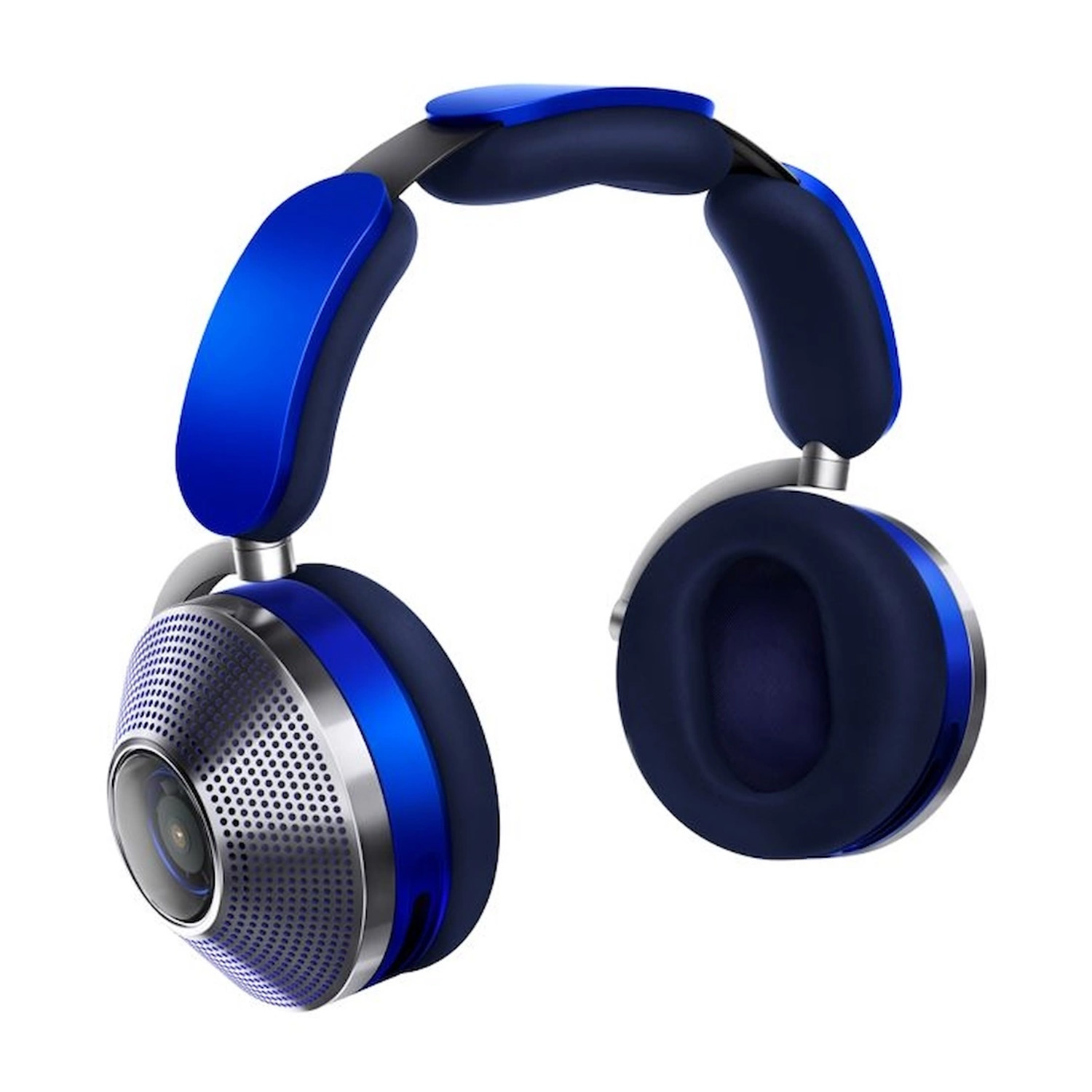 Cuffie blu con accenti argentati e padiglioni blu scuro.