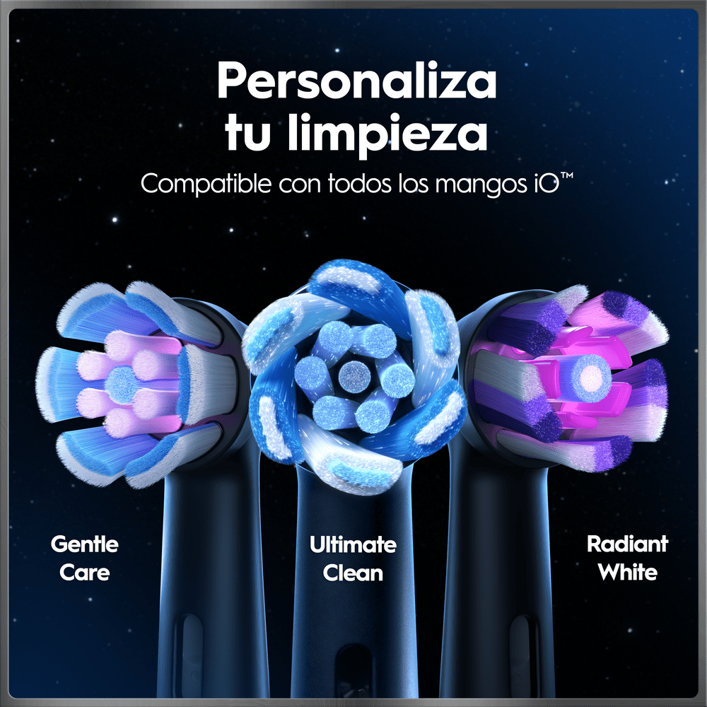 Personaliza tu limpieza. Compatible con todos los mangos iO. Gentle care. Ultimate clean. Radiant White