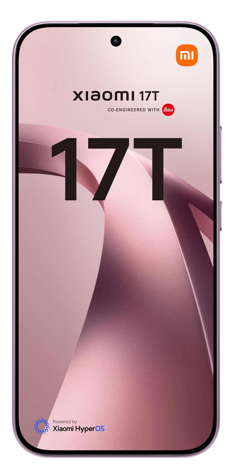 Un smartphone que muestra texto Xiaomi 17T, logo Leica y Xiaomi HyperOS.