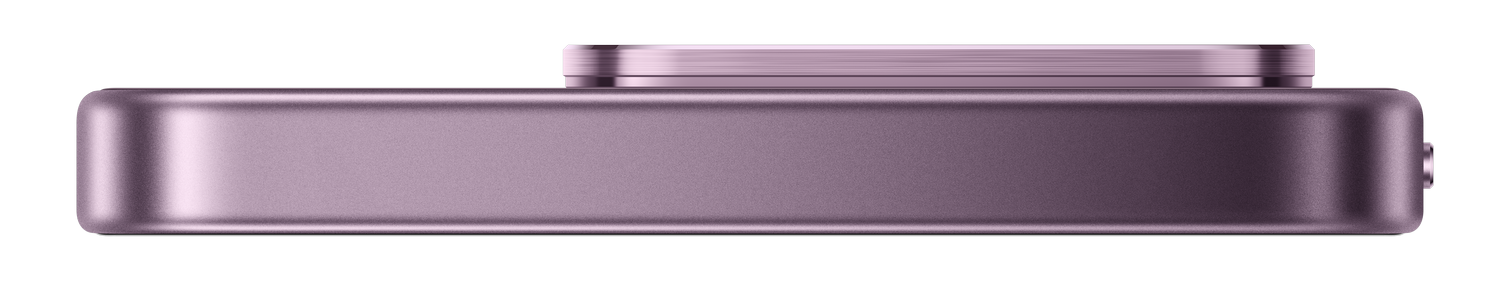 Teléfono morado de perfil con botón y ranuras arriba.