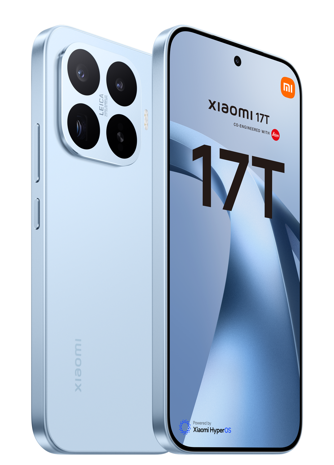 Un smartphone Xiaomi 17T azul claro con cámara Leica sobre fondo negro.