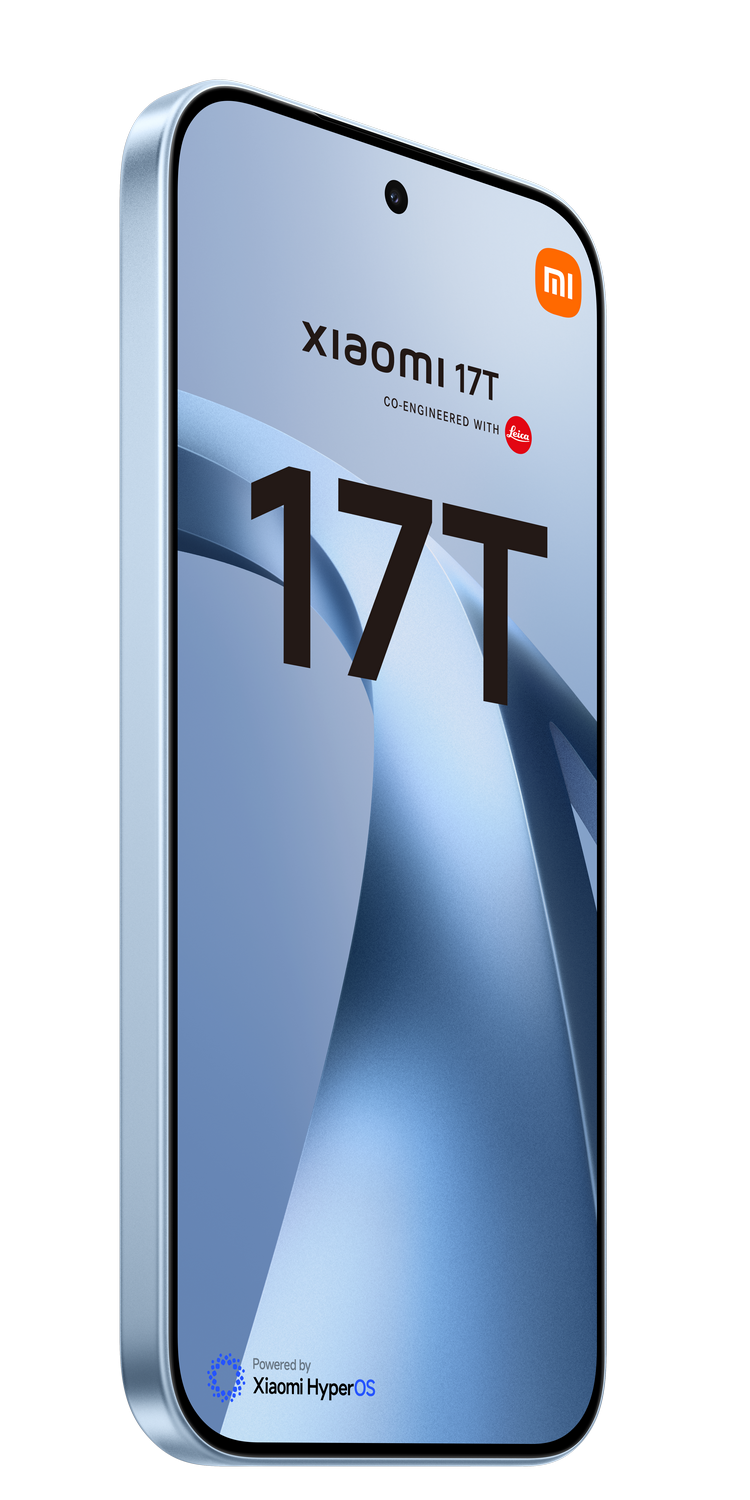 Un smartphone Xiaomi 17T azul claro con el logo de Leica, sobre fondo gris.