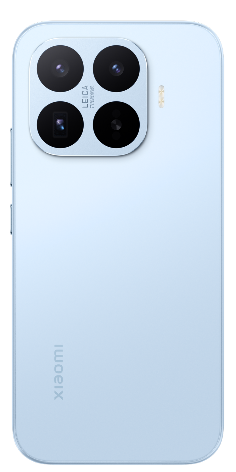 Un smartphone azul claro con cuatro cámaras Leica y el logo de Xiaomi.