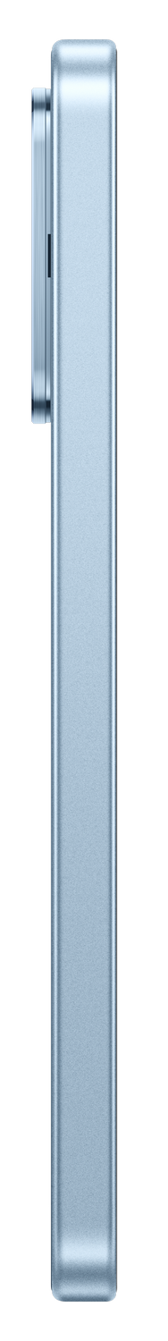 Un dispositivo rectangular azul claro con bordes redondeados, vista lateral.