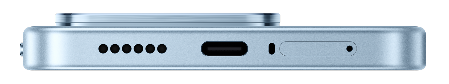 Primer plano de un smartphone azul que muestra el puerto USB-C y rejillas de altavoz.