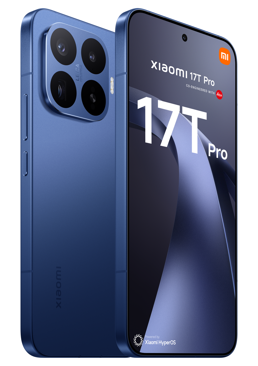 Un smartphone Xiaomi 17T Pro azul con cámara Leica, sobre fondo negro.