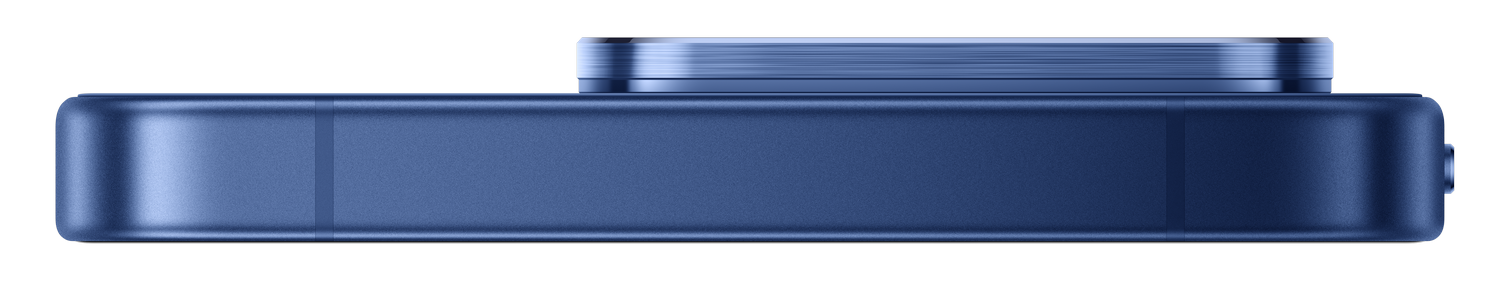 Smartphone azul con módulo de cámara plateado y botón moleteado.