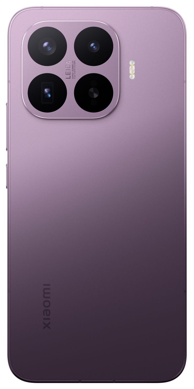 Parte trasera de smartphone morado con cuatro cámaras y logo Leica.