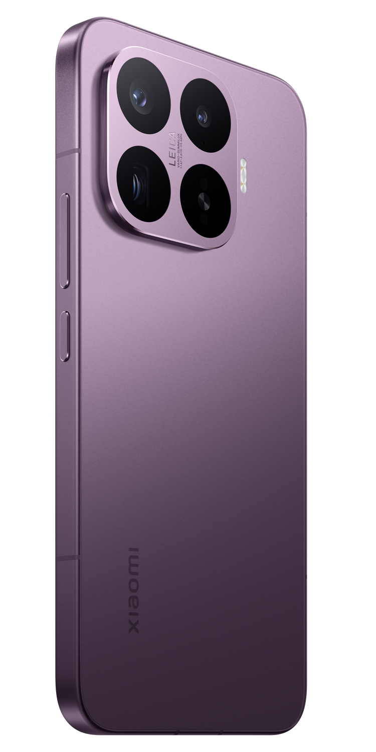 Smartphone morado con módulo de cámara Leica, elegante y moderno.
