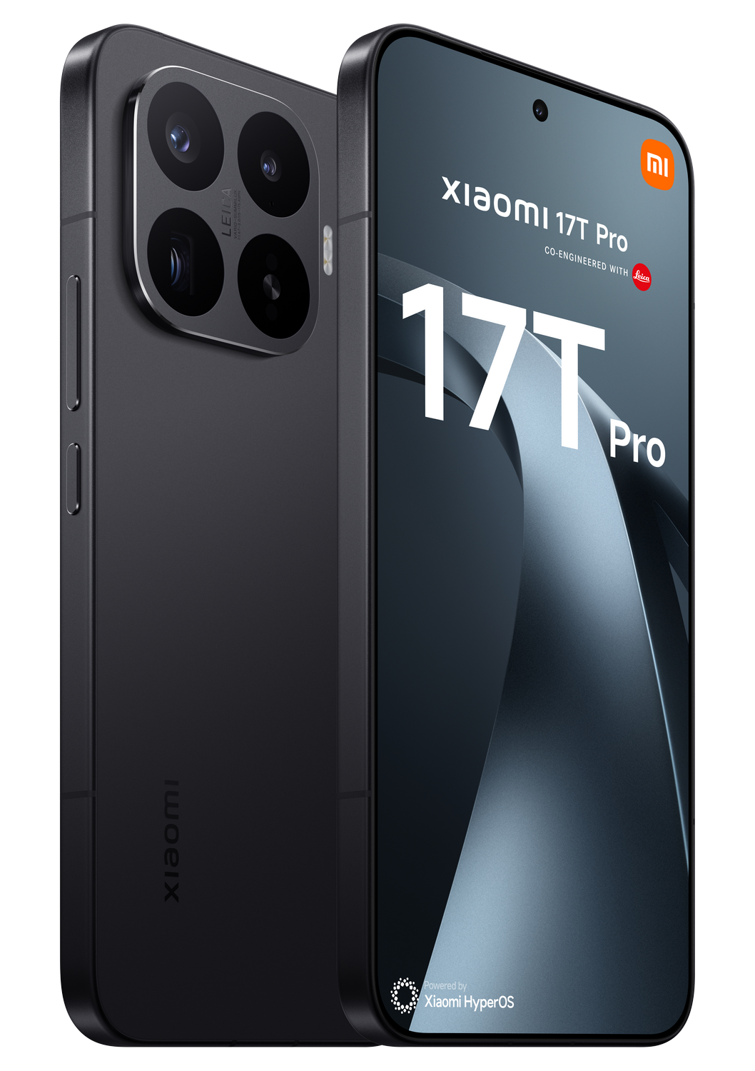 Un smartphone Xiaomi 17T Pro negro con cámara Leica.