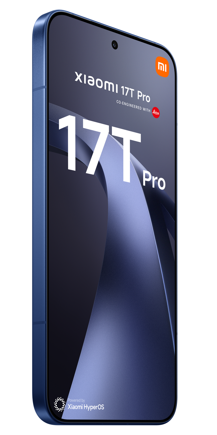 Un teléfono Xiaomi 17T Pro azul con colaboración Leica. Fondo oscuro.
