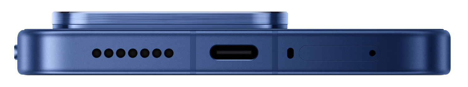 Primer plano de un smartphone azul mostrando el puerto USB-C y la rejilla del altavoz.