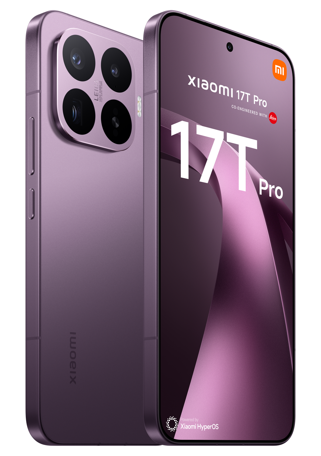 Un smartphone morado con cámara Leica, mostrando el texto Xiaomi 17T Pro.