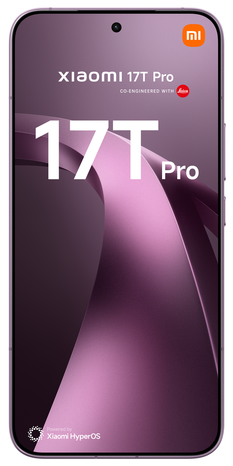 Xiaomi 17T Pro con logo Leica y texto HyperOS sobre fondo morado.