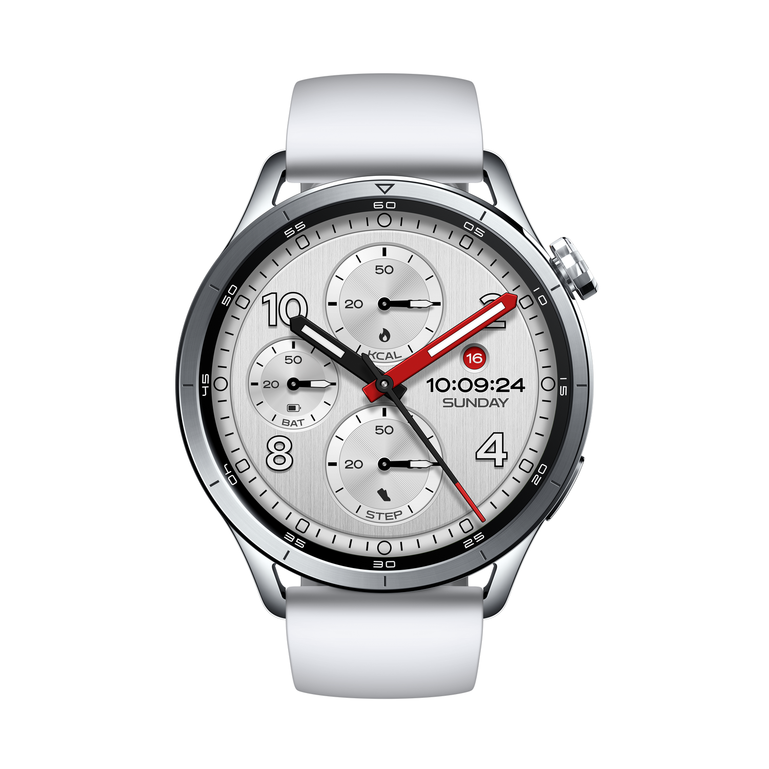 Un reloj inteligente blanco con caja plateada y detalles negros.