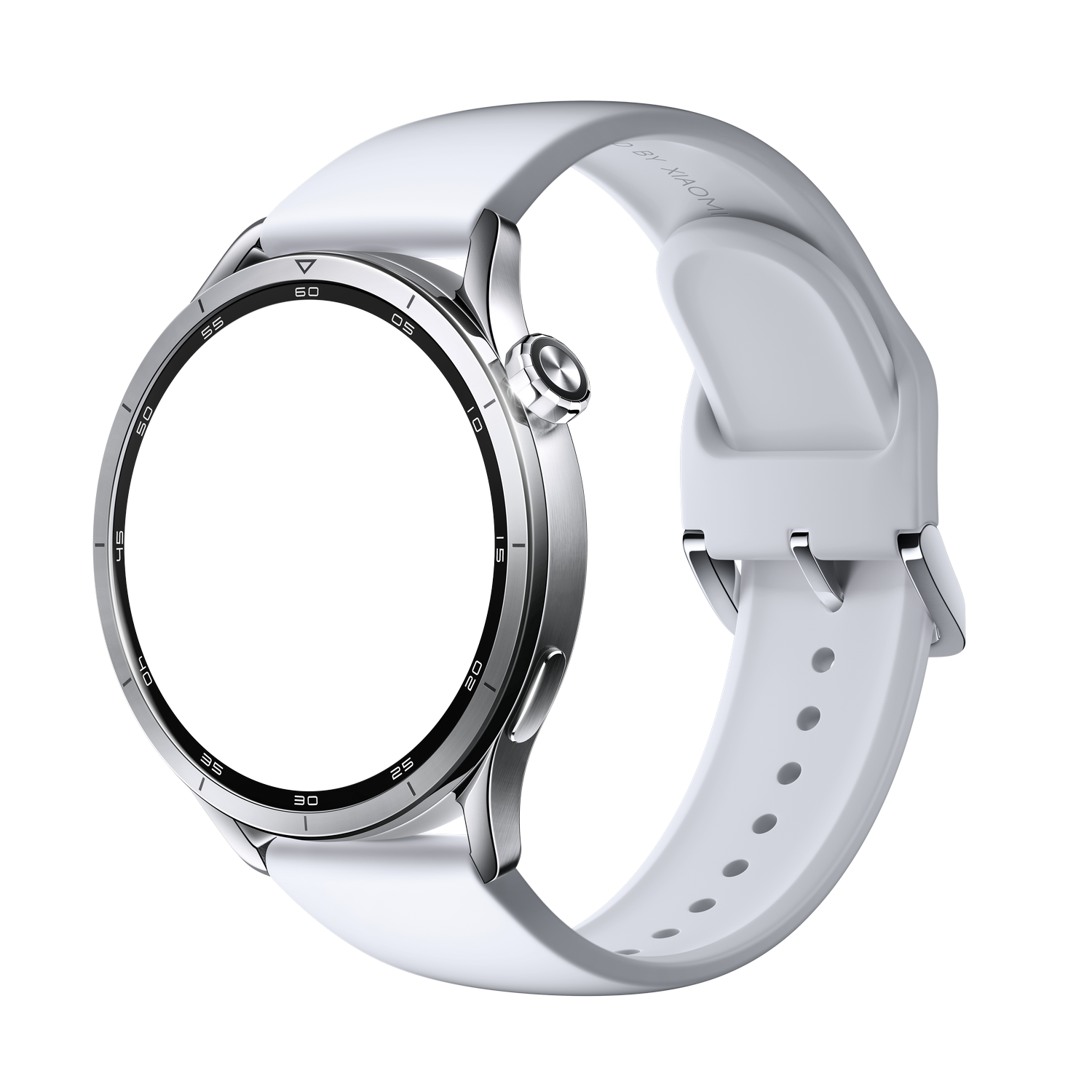Un reloj inteligente blanco con carcasa plateada y marcadores en la esfera.