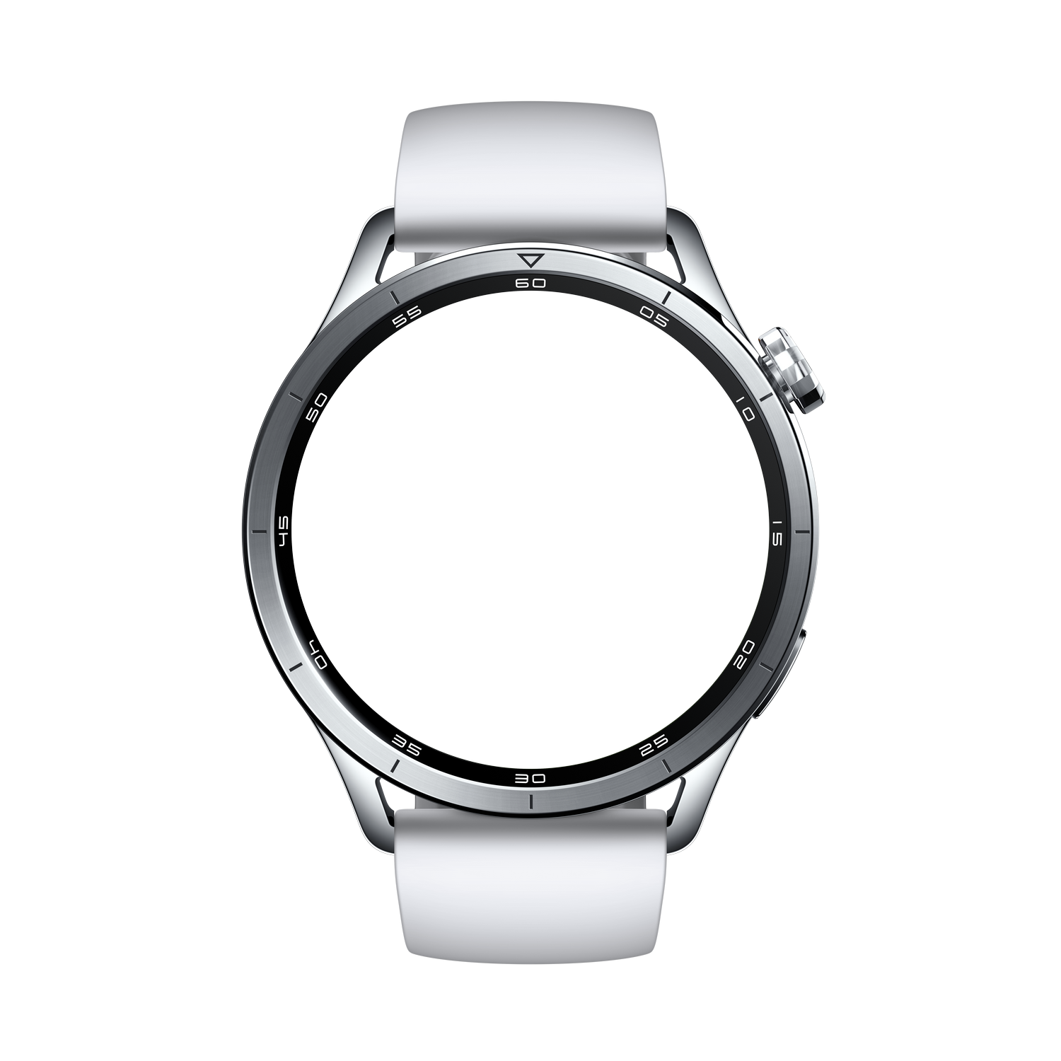 Un reloj inteligente blanco con bisel plateado y marcas negras sobre fondo gris.