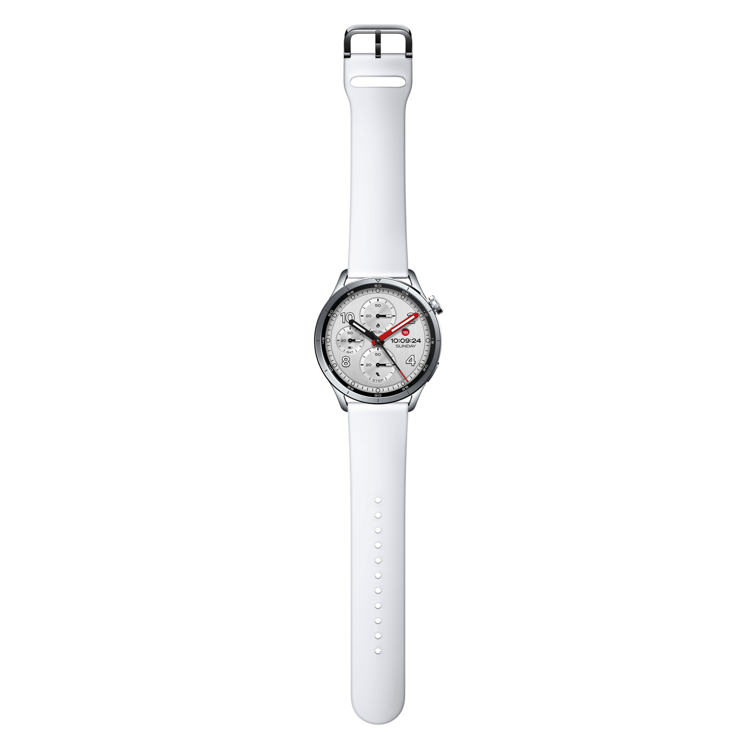 Un reloj inteligente blanco con caja y esfera plateadas.