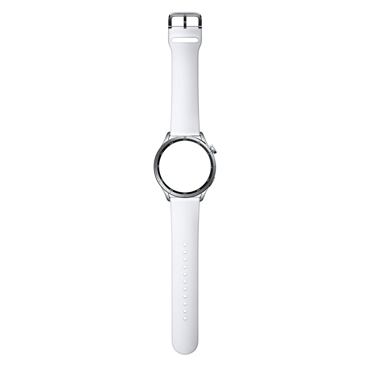 Un reloj inteligente blanco con bisel plateado y correa negra sobre fondo gris.