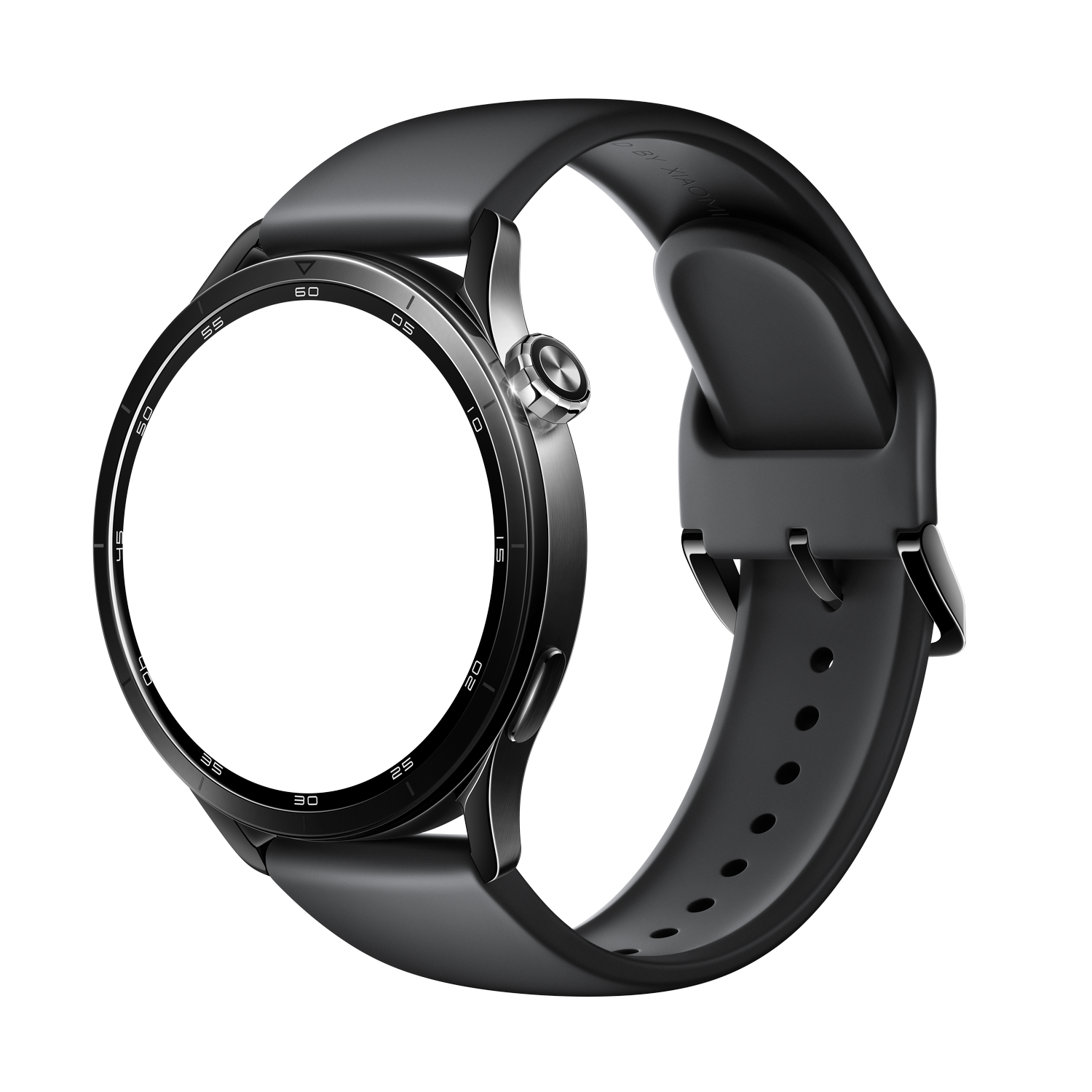 Se muestra un elegante reloj inteligente negro con bisel plateado y correa gris oscuro.