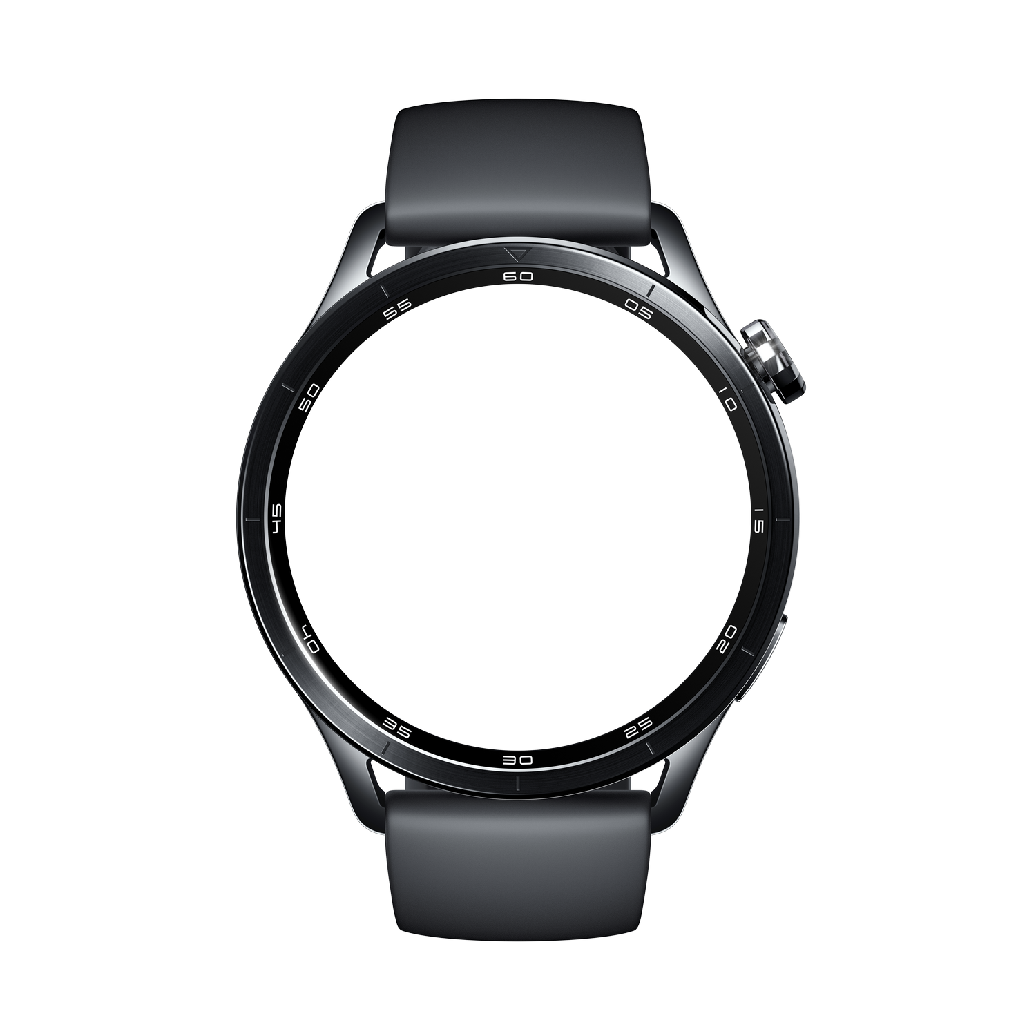 Un reloj inteligente oscuro con correa negra y bisel plateado. La pantalla está en blanco.