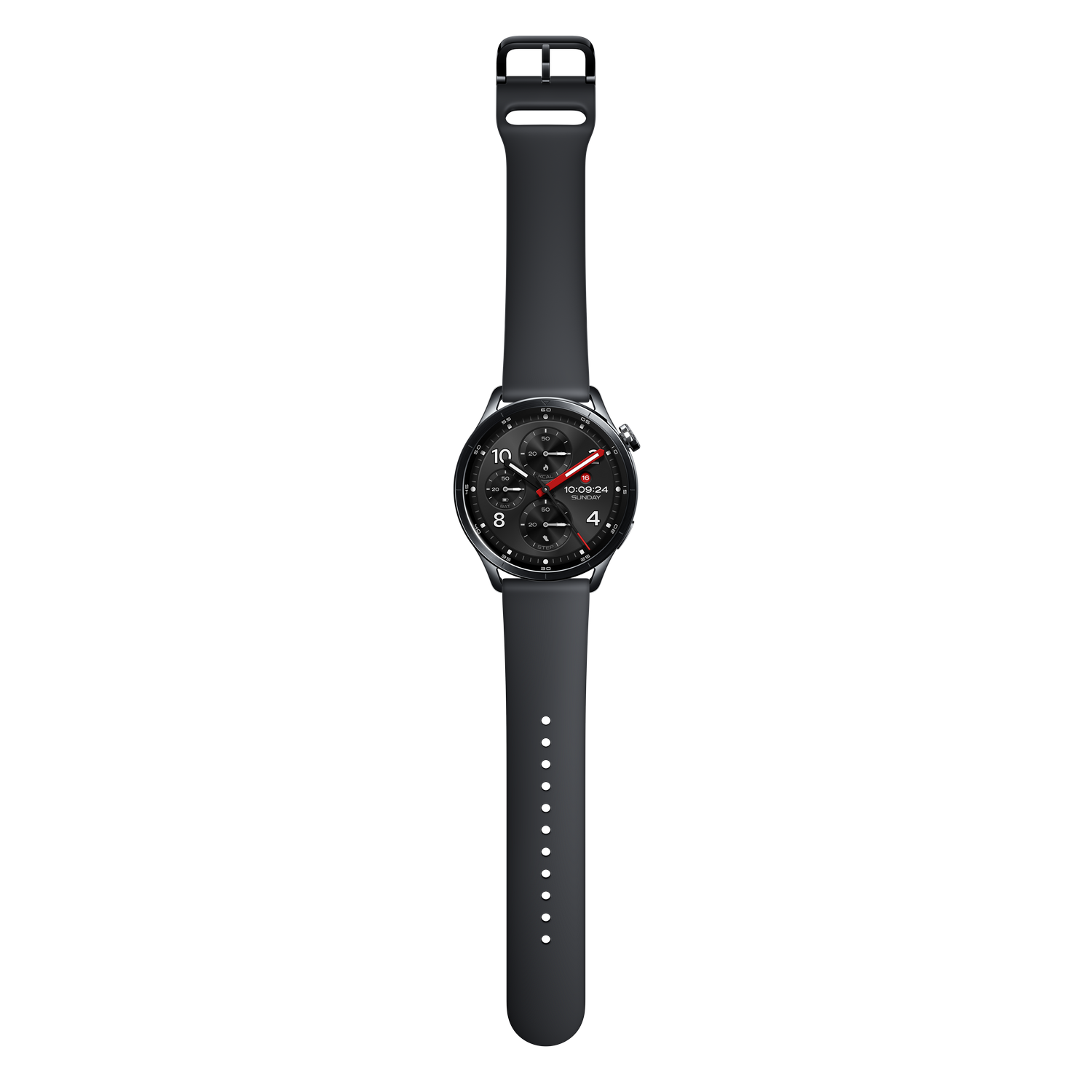 Un reloj inteligente oscuro con esfera redonda y correa negra sobre fondo gris.