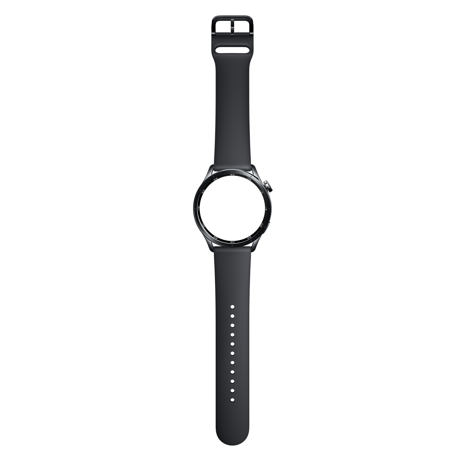 Un reloj inteligente oscuro con correa gris sobre fondo gris.