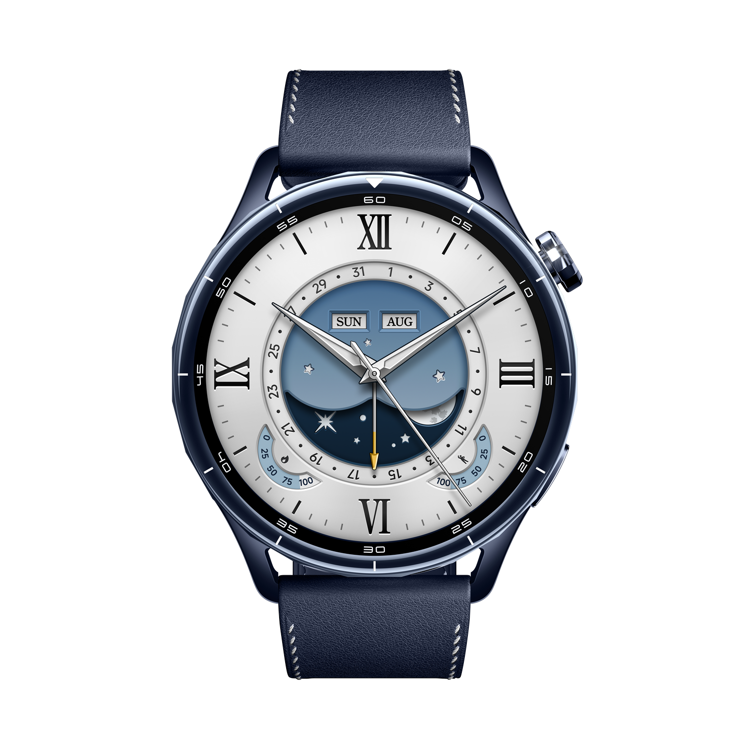 Un smartwatch con correa de cuero azul y esfera clásica blanca y azul que muestra fecha y fase lunar.