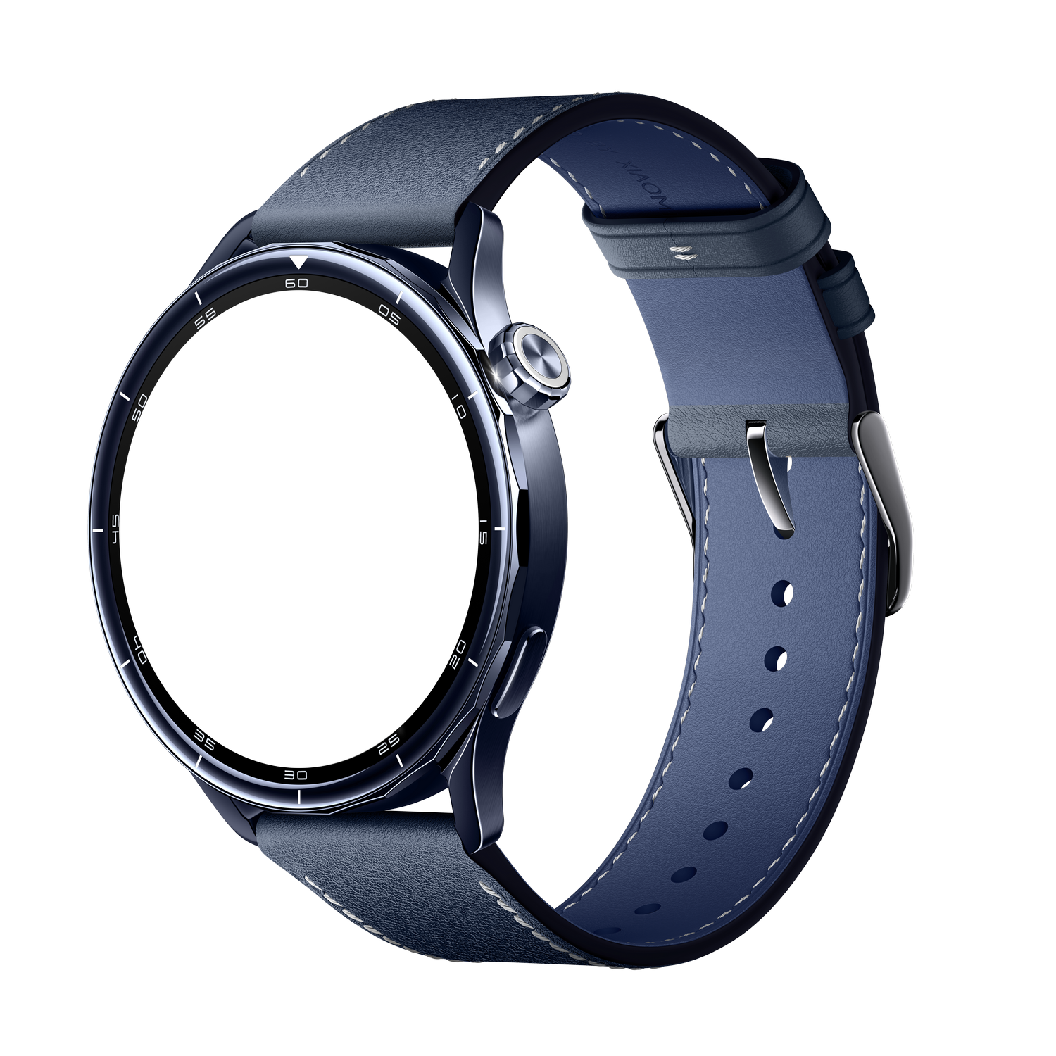 Un reloj inteligente azul con correa de cuero sobre fondo negro.