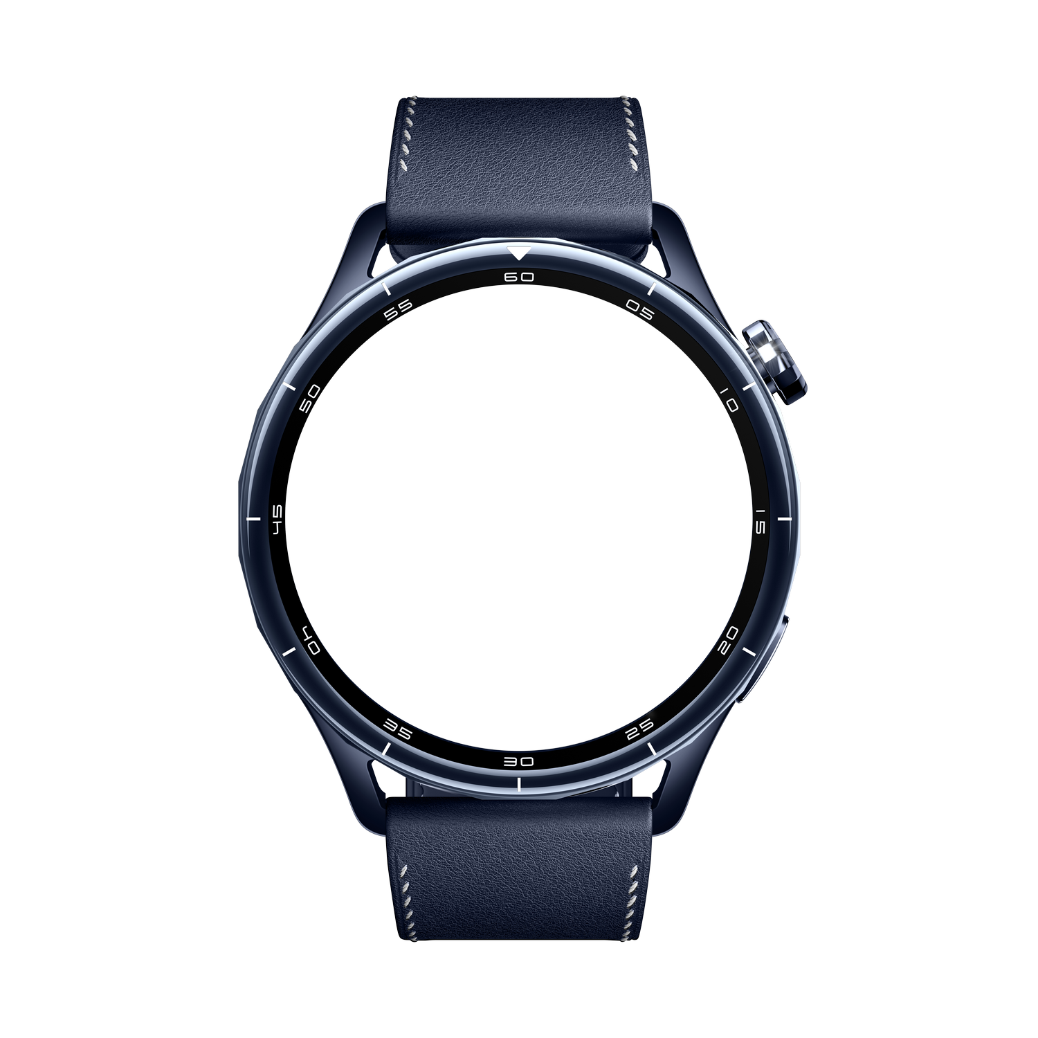 Un reloj inteligente oscuro y elegante con correa de cuero azul y pantalla negra.