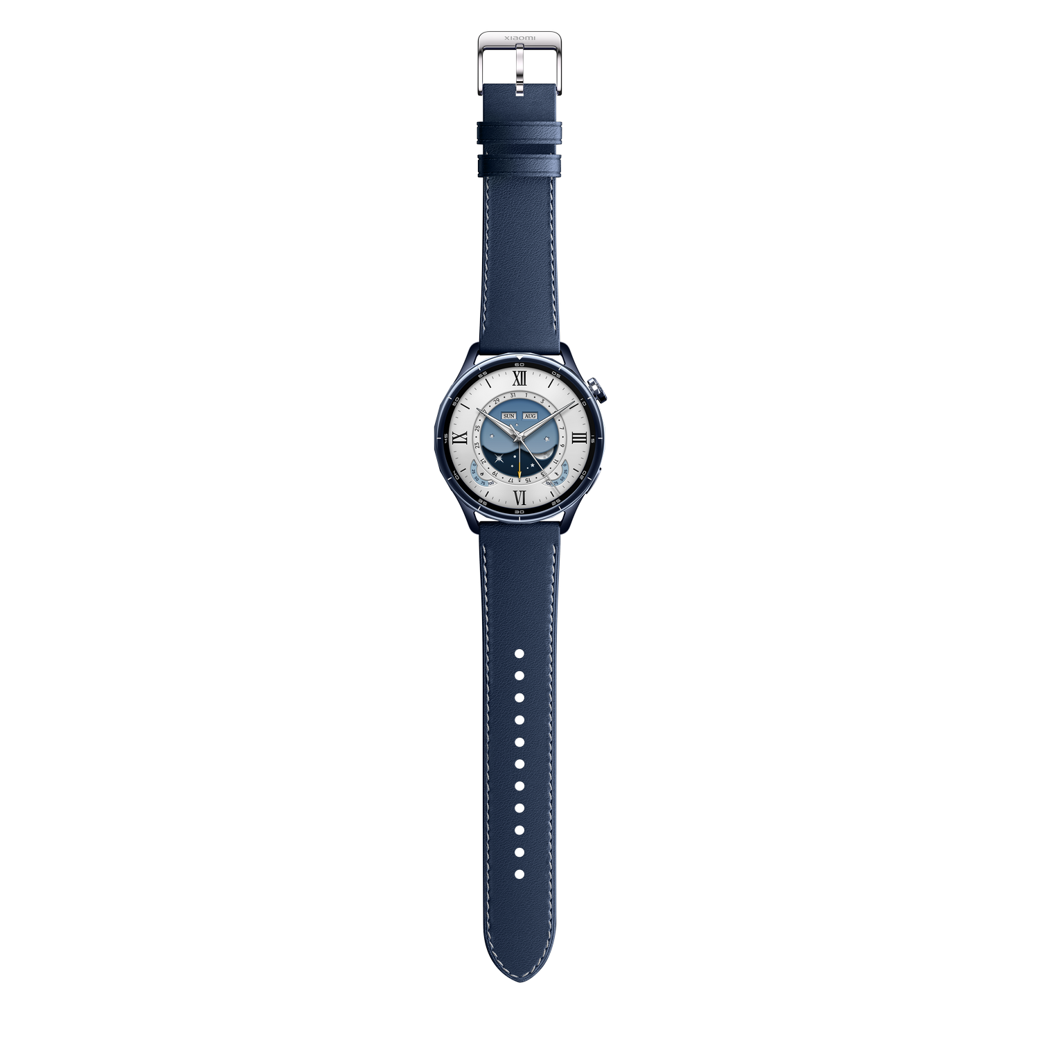 Un reloj inteligente azul oscuro con detalles plateados y correa de cuero.