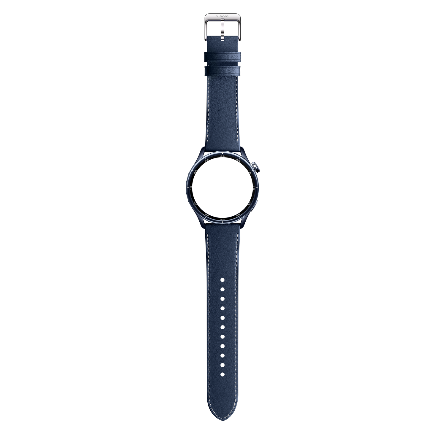 Un reloj de cuero azul oscuro con hebilla y esfera plateadas.