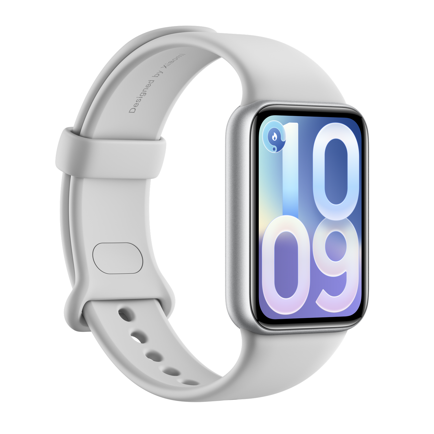 Un reloj inteligente blanco con caja plateada que muestra las 10:09.