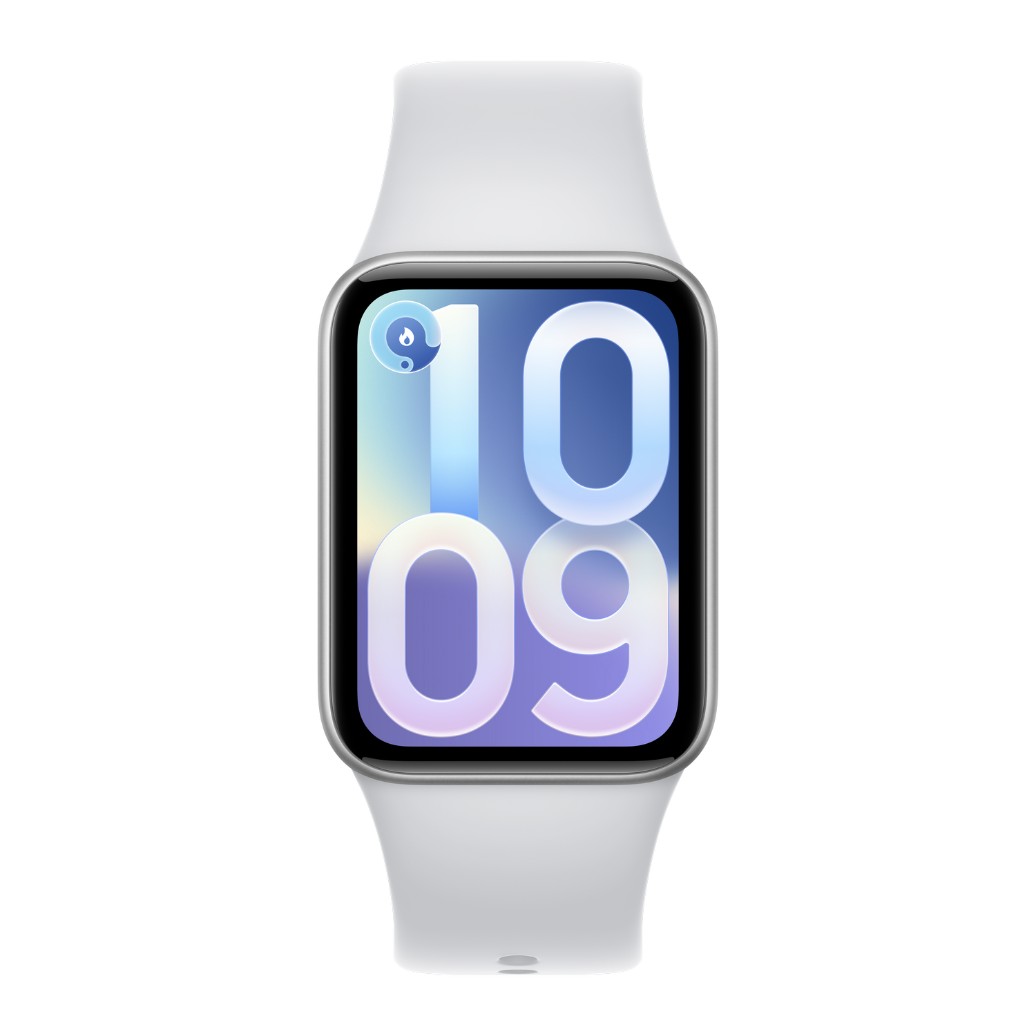 Reloj inteligente gris con banda blanca, muestra las 10:09 y un icono azul.